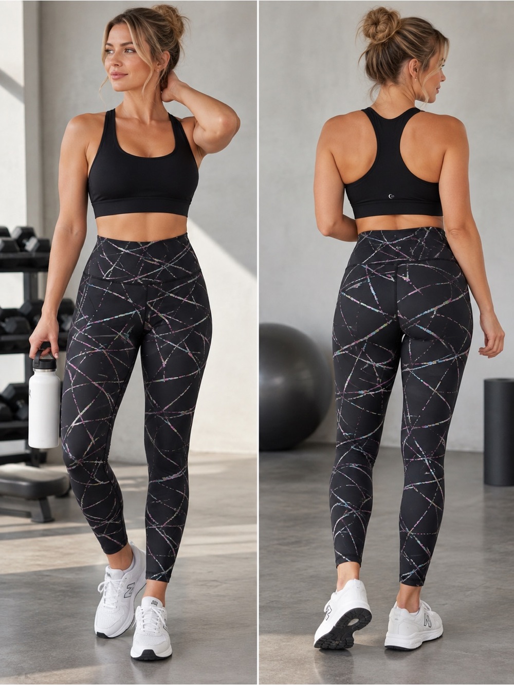 ⚡ ZYIA Active Black Abstract Metallic Hi-Rise 7/8 Leggings Size 12
